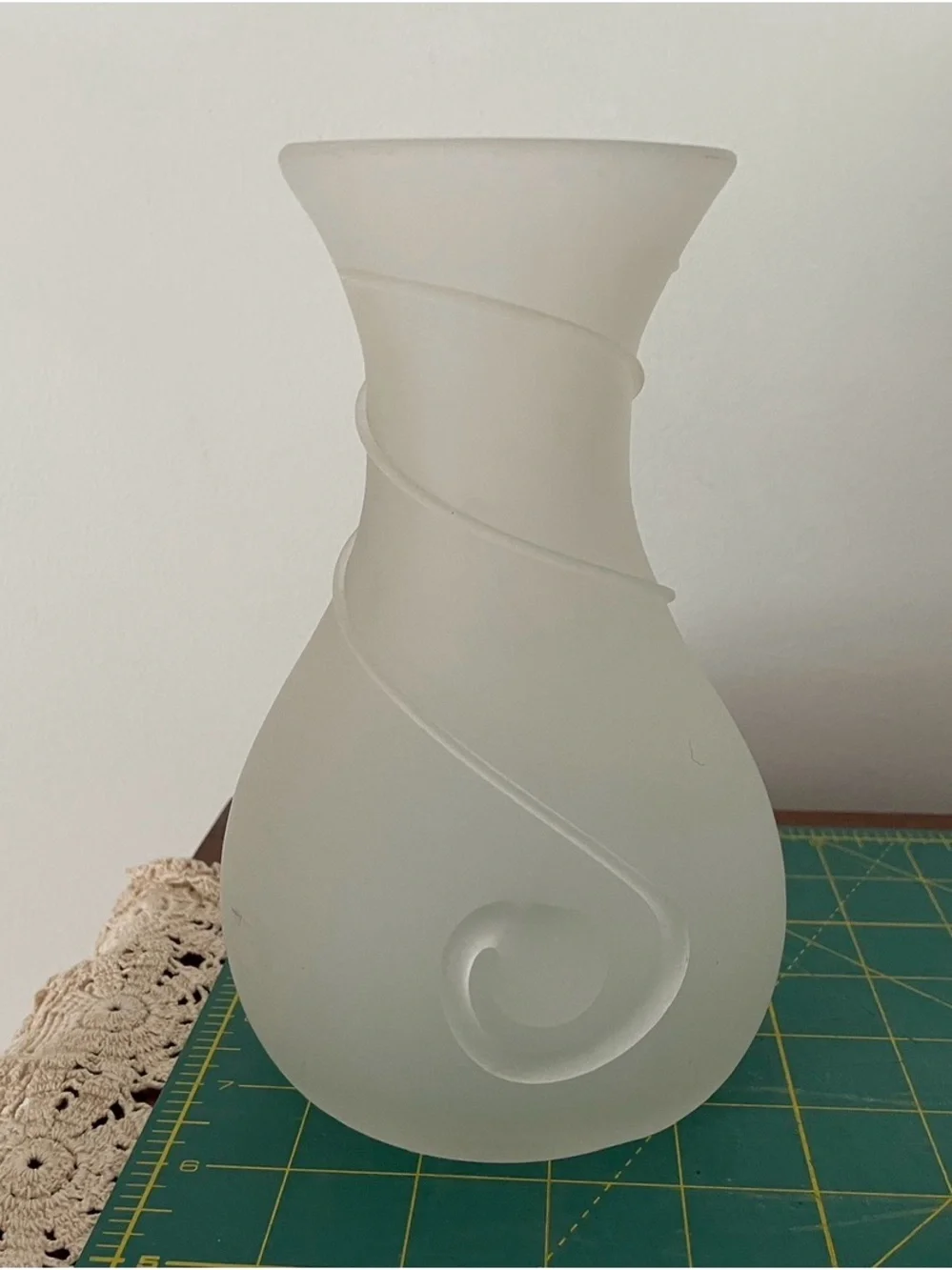 Frosted White Glass Vase with Swirl Accent